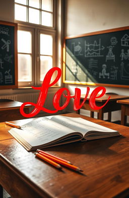 The word 'Love' beautifully written in bold, flowing cursive style using vibrant red ink, set against a classic school background
