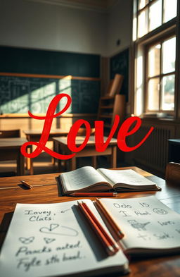 The word 'Love' beautifully written in bold, flowing cursive style using vibrant red ink, set against a classic school background