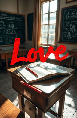 The word 'Love' beautifully written in bold, flowing cursive style using vibrant red ink, set against a classic school background