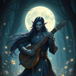 A male drow bard elegantly illuminated by the soft glow of moonlight in a rich fantasy RPG setting
