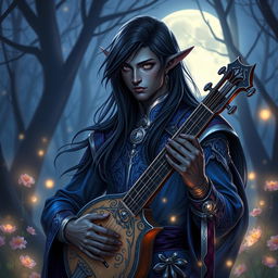 A male drow bard elegantly illuminated by the soft glow of moonlight in a rich fantasy RPG setting