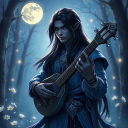 A male drow bard elegantly illuminated by the soft glow of moonlight in a rich fantasy RPG setting