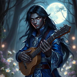 A male drow bard elegantly illuminated by the soft glow of moonlight in a rich fantasy RPG setting