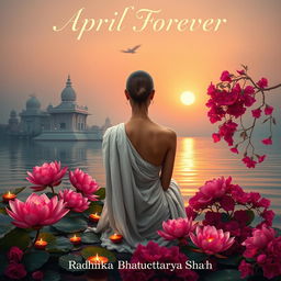 A book cover featuring a realistic slim, slender woman’s back, dressed in a flowing white sari, with her head tonsured and free of any jewellery