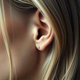 A highly realistic and detailed close-up of a woman's ear, showcasing the texture of her skin and hair, with the focus on the delicate structures of the ear itself