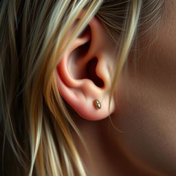 A highly realistic and detailed close-up of a woman's ear, showcasing the texture of her skin and hair, with the focus on the delicate structures of the ear itself