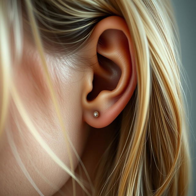 A highly realistic and detailed close-up of a woman's ear, showcasing the texture of her skin and hair, with the focus on the delicate structures of the ear itself