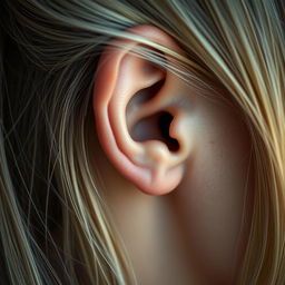 A highly realistic and detailed close-up of a woman's ear, showcasing the texture of her skin and hair, with the focus on the delicate structures of the ear itself