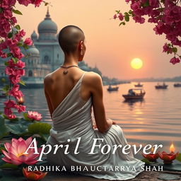 A book cover featuring a slim, slender woman's back dressed in a flowing white sari, with a tonsured head and no jewellery adorning her neck or ears