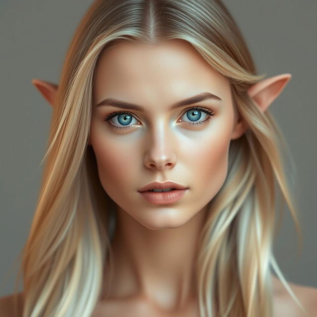 A realistic portrait of a woman with long, flowing blonde hair and prominent ears