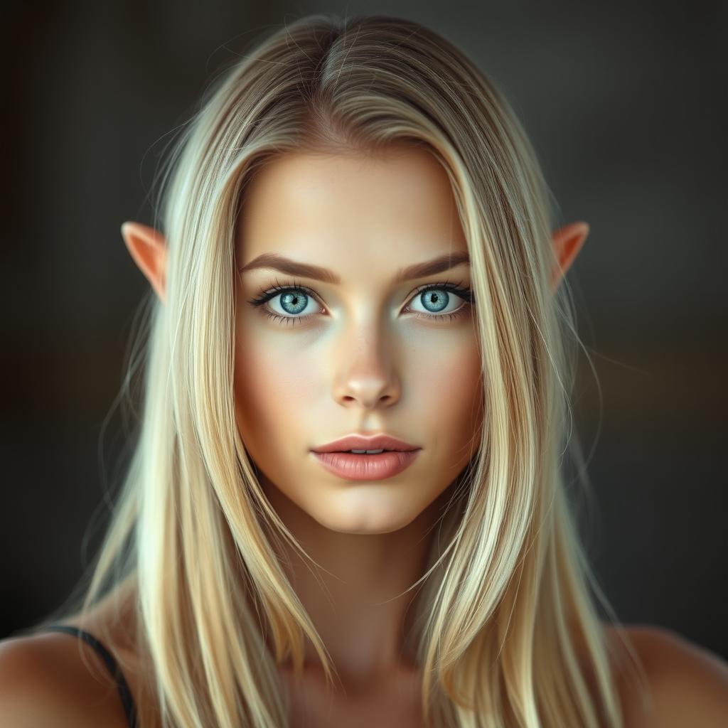 A realistic portrait of a woman with long, flowing blonde hair and prominent ears