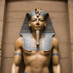 An imposing figure of the Pharaoh, traditionally shown with royal regalia in an ancient Egyptian setting.