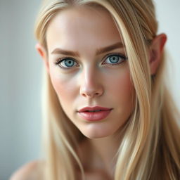 A realistic portrait of a woman with long, flowing blonde hair and prominent ears