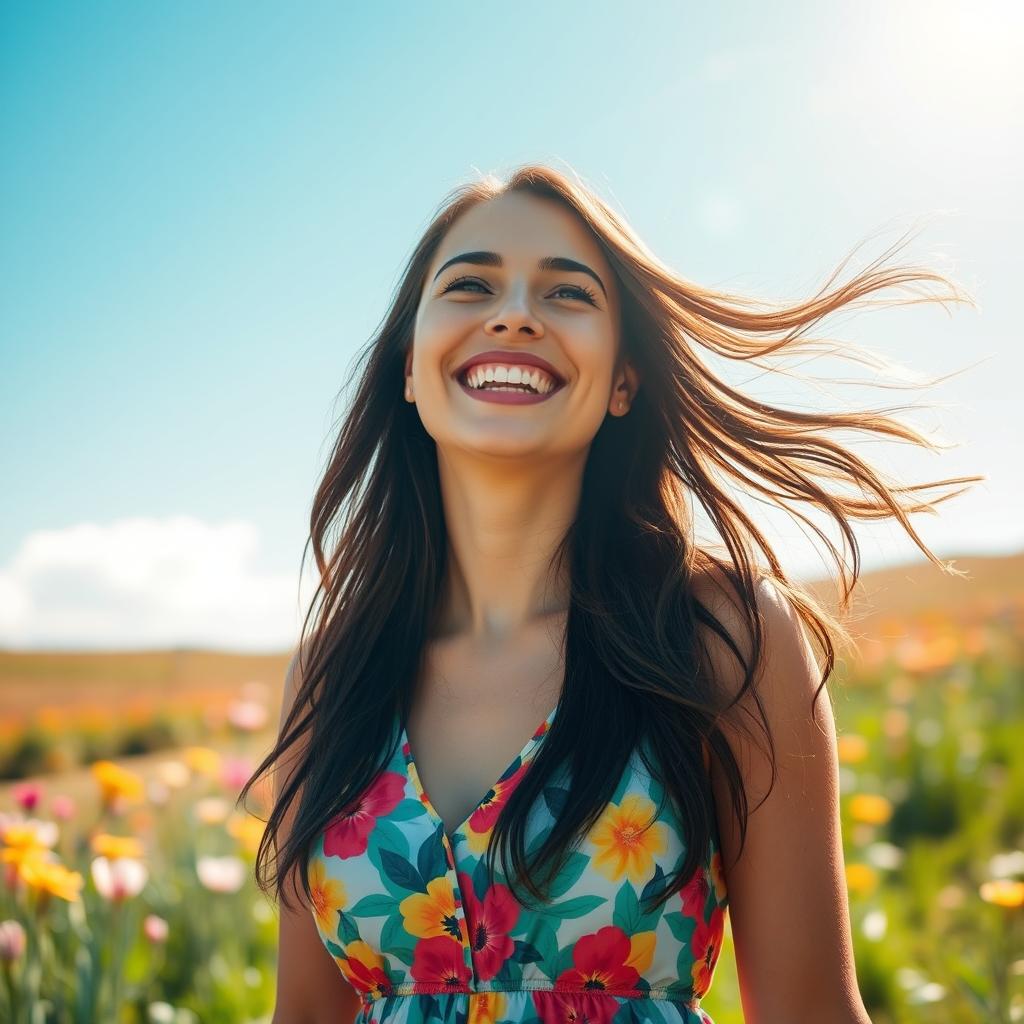 A happy woman celebrating the positive changes in her life, surrounded by a bright, uplifting environment