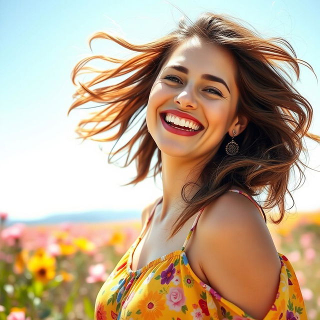 A happy woman celebrating the positive changes in her life, surrounded by a bright, uplifting environment