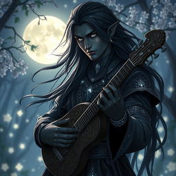 A male drow bard gracefully illuminated by the shimmering light of the moon in a mesmerizing RPG setting