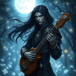 A male drow bard gracefully illuminated by the shimmering light of the moon in a mesmerizing RPG setting