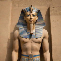 An imposing figure of the Pharaoh, traditionally shown with royal regalia in an ancient Egyptian setting.