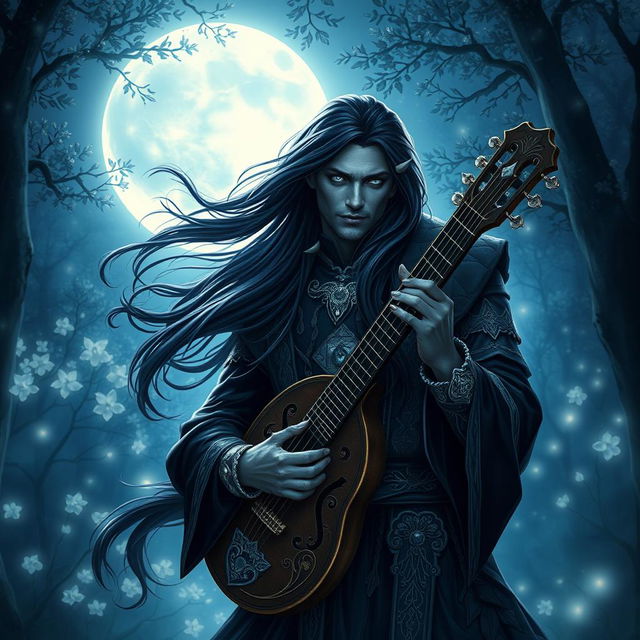 A male drow bard gracefully illuminated by the shimmering light of the moon in a mesmerizing RPG setting