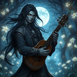 A male drow bard gracefully illuminated by the shimmering light of the moon in a mesmerizing RPG setting