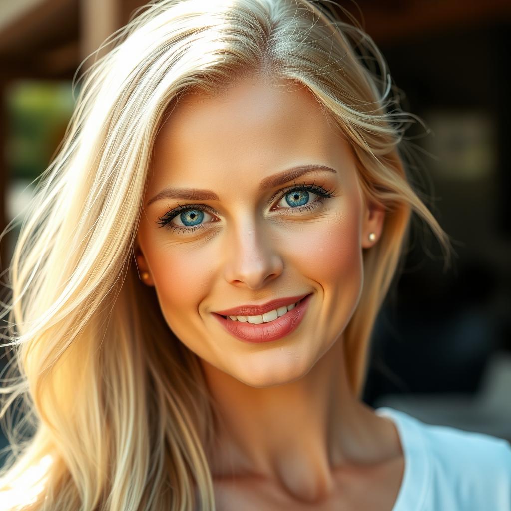 A hyper-realistic portrait of a woman with long, flowing blonde hair