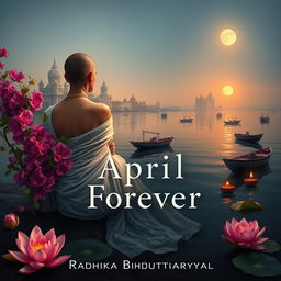 A book cover featuring a realistic depiction of a woman's back, dressed in a white flowing sari, with a tonsured head