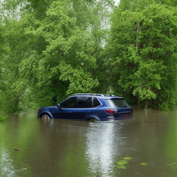 An SUV submerged in a flooded river up to just above the side mirror level, emphasizing the depth and power of the flooding water.