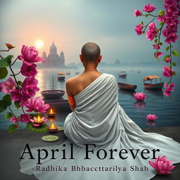 A book cover featuring a realistic depiction of a woman's back, dressed in a white flowing sari, with a tonsured head