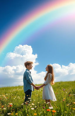An enchanting scene depicting the beauty of a rainbow arching across a clear blue sky, with vivid hues of red, orange, yellow, green, blue, indigo, and violet radiating hope