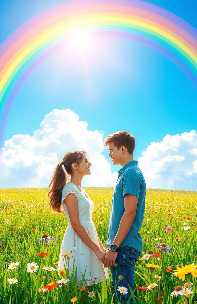 An enchanting scene depicting the beauty of a rainbow arching across a clear blue sky, with vivid hues of red, orange, yellow, green, blue, indigo, and violet radiating hope