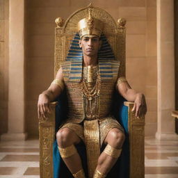 A living Pharaoh king, adorned with traditional regalia including the royal headdress, seated ceremoniously on the throne in his palace.