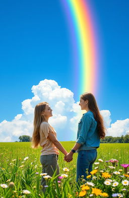 An enchanting scene depicting the beauty of a rainbow arching across a clear blue sky, with vivid hues of red, orange, yellow, green, blue, indigo, and violet radiating hope
