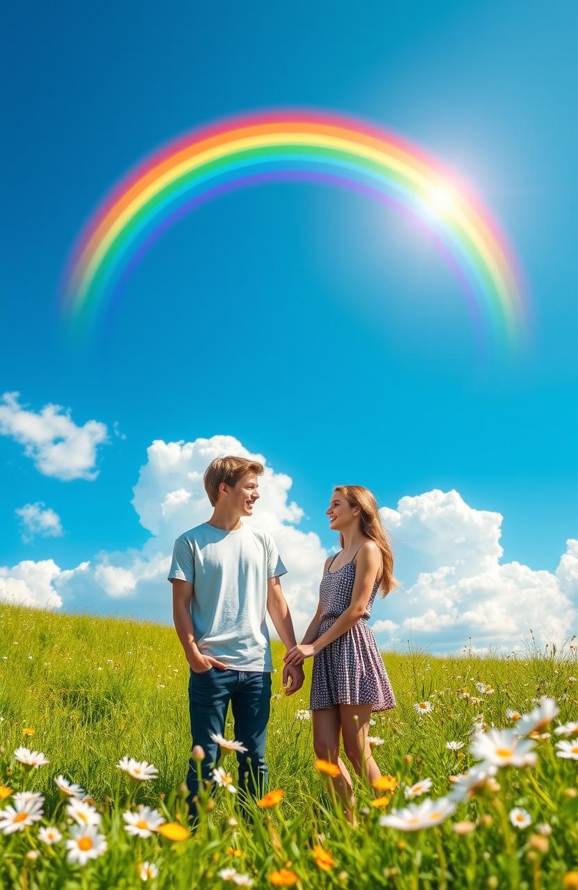 An enchanting scene depicting the beauty of a rainbow arching across a clear blue sky, with vivid hues of red, orange, yellow, green, blue, indigo, and violet radiating hope