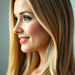 A realistic side profile of a woman with long blond hair cascading over her shoulder