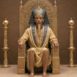 A living Pharaoh king, adorned with traditional regalia including the royal headdress, seated ceremoniously on the throne in his palace.