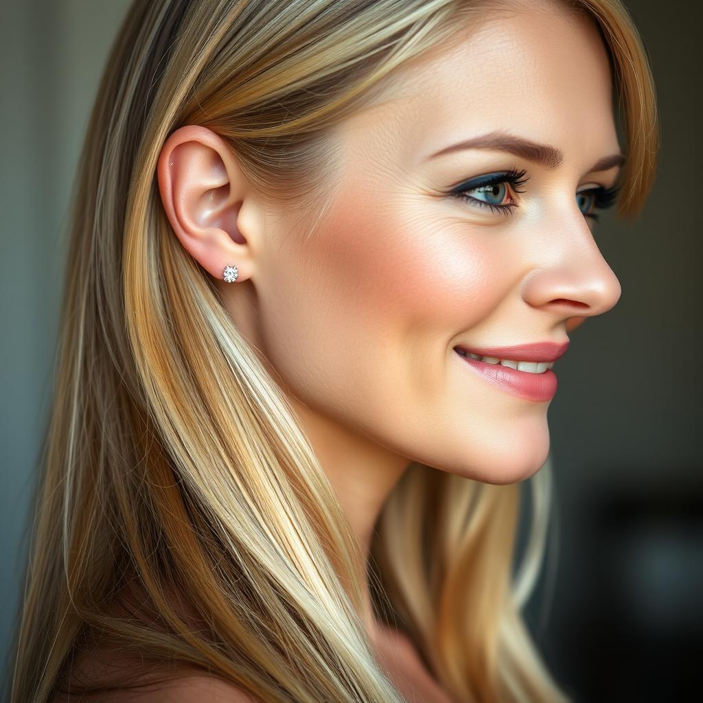 A realistic side profile of a woman with long blond hair cascading over her shoulder