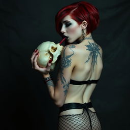 A dark goth scene featuring a skinny petite woman from the back, naked except for a garter belt and fishnet stockings