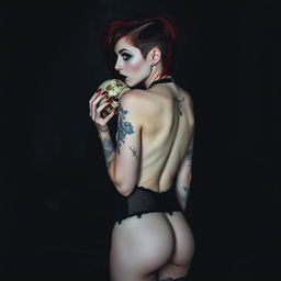 A dark goth scene featuring a skinny petite woman from the back, naked except for a garter belt and fishnet stockings