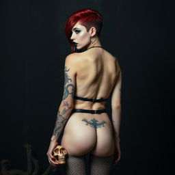 A dark goth scene featuring a skinny petite woman from the back, naked except for a garter belt and fishnet stockings