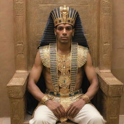 A living Pharaoh king, adorned with traditional regalia including the royal headdress, seated ceremoniously on the throne in his palace.