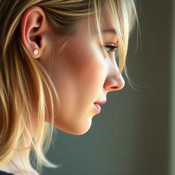 A realistic portrait of a woman with blonde hair, showing her left side profile