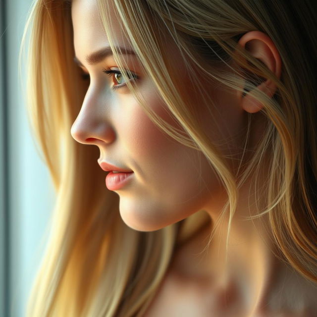 A realistic portrait of a woman with blonde hair, showing her left side profile