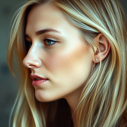 A realistic portrait of a woman with blonde hair, showing her left side profile