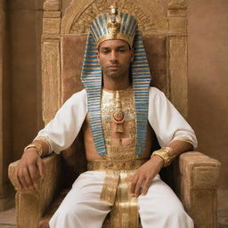 A living Pharaoh king, adorned with traditional regalia including the royal headdress, seated ceremoniously on the throne in his palace.