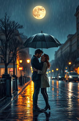 A romantic scene set on a rainy night, with two lovers sharing a single umbrella as they stand close together, enjoying the intimacy of the moment