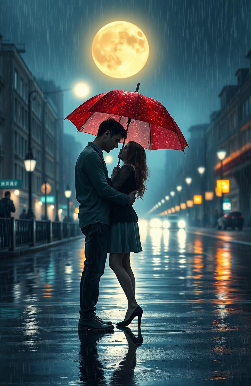 A romantic scene set on a rainy night, with two lovers sharing a single umbrella as they stand close together, enjoying the intimacy of the moment