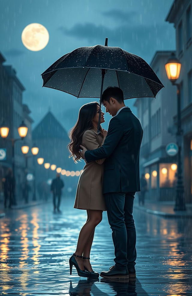 A romantic scene set on a rainy night, with two lovers sharing a single umbrella as they stand close together, enjoying the intimacy of the moment