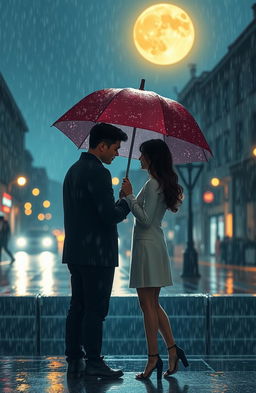 A romantic scene set on a rainy night, with two lovers sharing a single umbrella as they stand close together, enjoying the intimacy of the moment