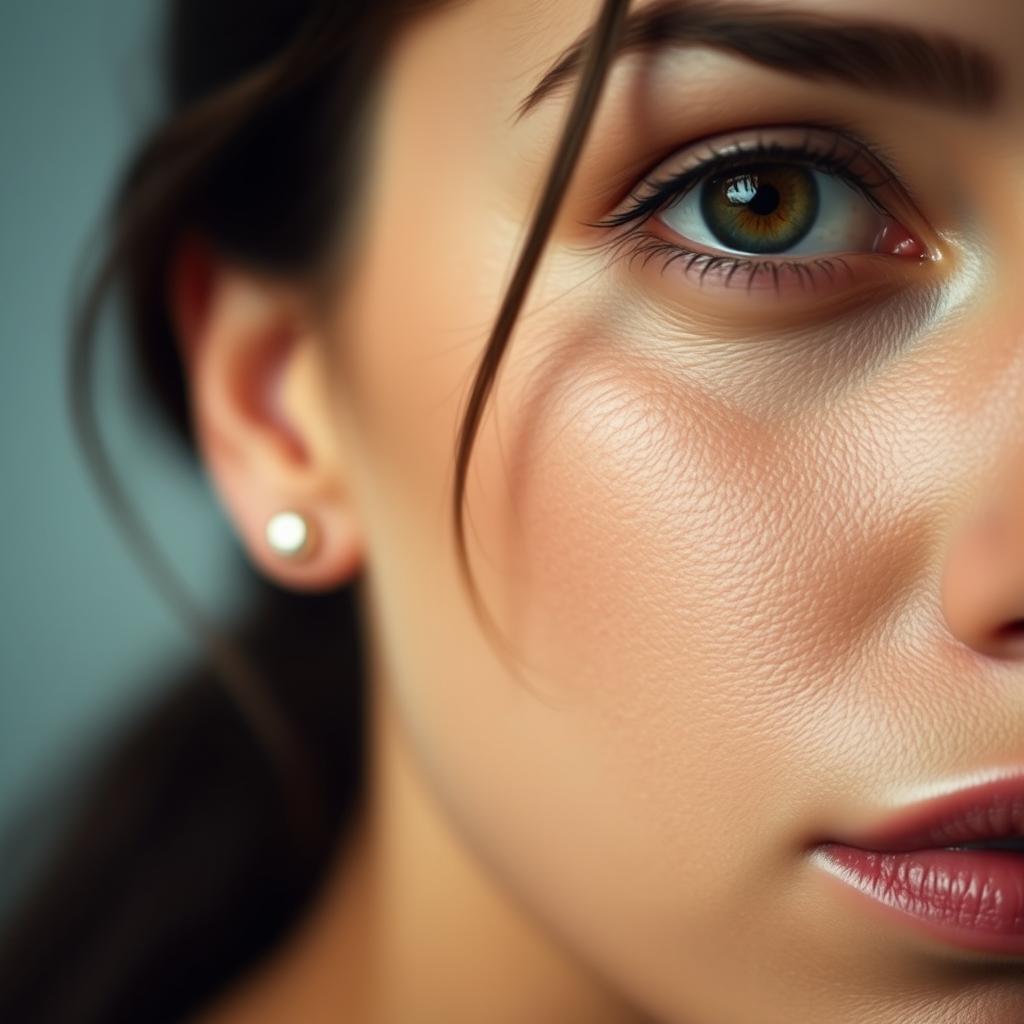 A realistic close-up portrait of a woman's face, focusing on the left side, highlighting her facial features, skin texture, and details of her ear