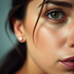 A realistic close-up portrait of a woman's face, focusing on the left side, highlighting her facial features, skin texture, and details of her ear